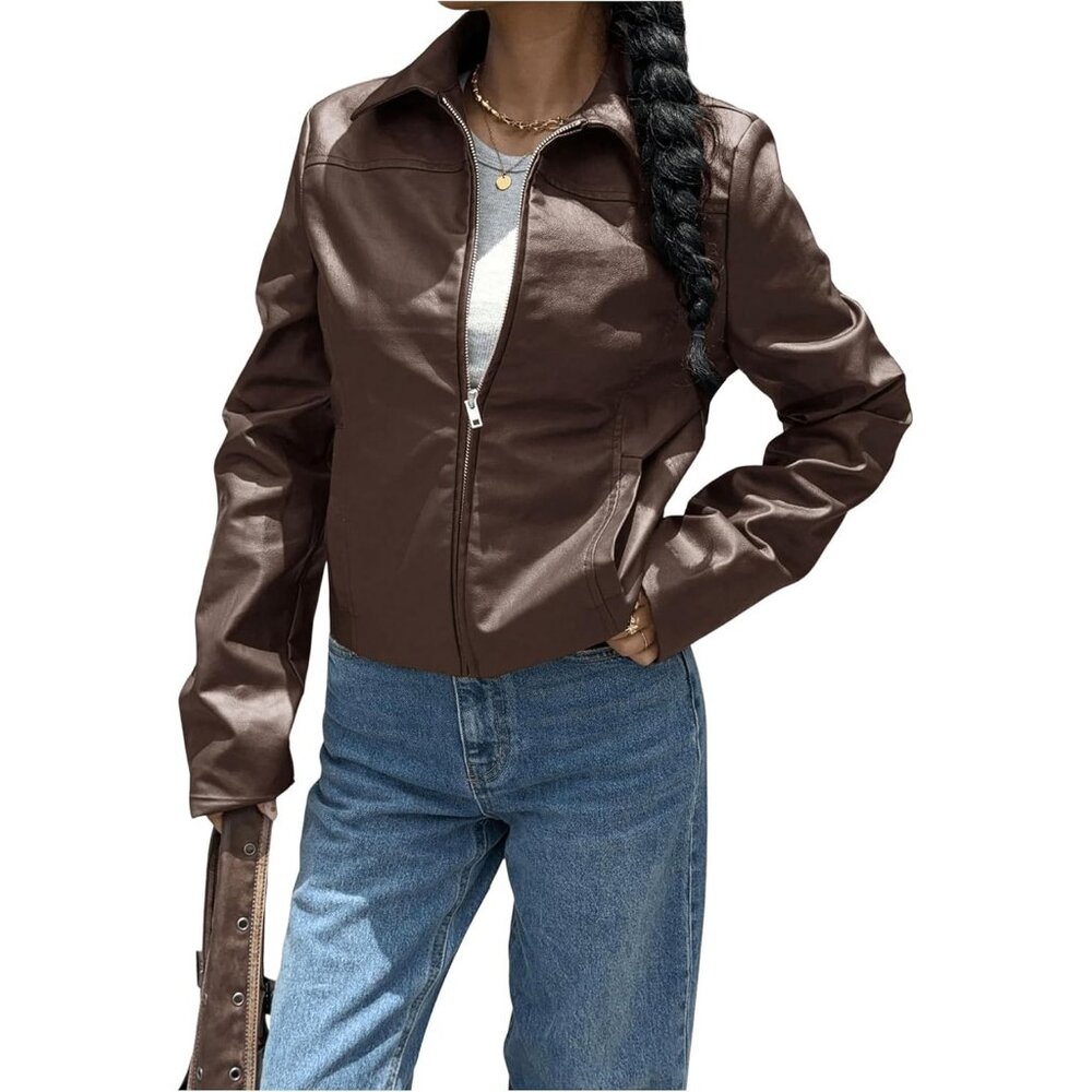 ⚡Women's Brown Crop Faux Leather Jacket Vintage Long Sleeve Collar Zip Up Biker
